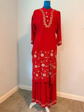 Red Kurti Set Gold Leaf Appliqué Skirt